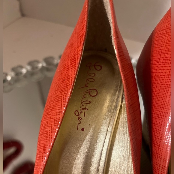 Lilly Pulitzer orange and gold leather Scarlet Peep-Toe Heels size 8m - Picture 3 of 9